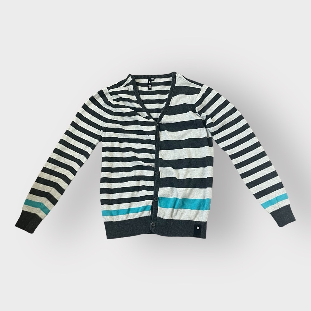 Ocean Curent Navy Blue Gray Striped Cardigan Y2K Indie 100% Cotton